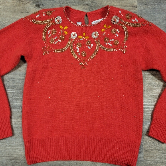 Vintage Angora Silk Blend Sweater Red Holiday Beaded Karen Scott Size Medium - Picture 11 of 15